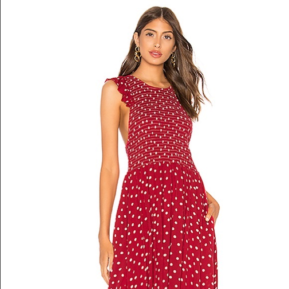 Free People Red Polka Dot Smocked Midi Dress - Picture 5 of 6